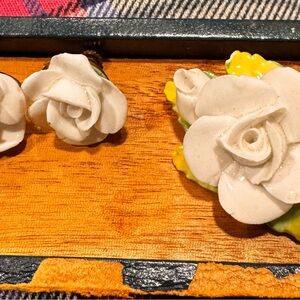 Vintage Artone Bone China White Rose Earrings and Brooch Set made in England
